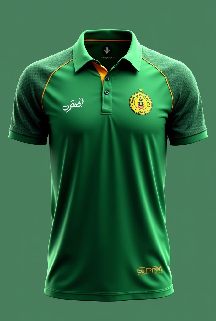 logo cricket shirt in green colour with Pakistan cricket team logo for cricket academy of name Irshad academy in 4k view