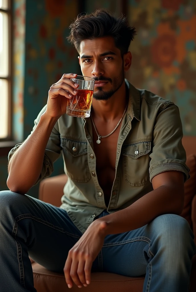 Tall and robust boy of 1.92 meters,of dark test,With casual oversize style,with Puerto Rican roots ,with a short goatee and a bit of a handsome mustache and brown eyes with a seductive look sitting upright and with his legs crossed on a piece of furniture while drinking rum,With an age of 16-19 years