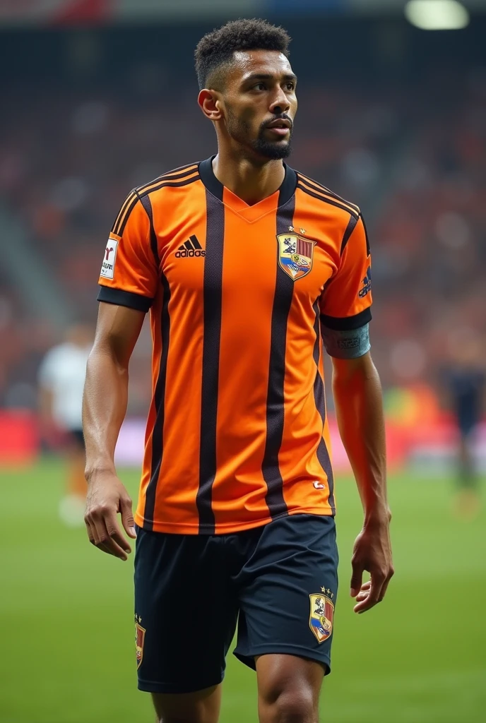 Customize soccer uniform in primary orange color with 4 thin vertical stripes in navy blue color, black shorts and shield on the left side of the chest with the word bela vista written on it 