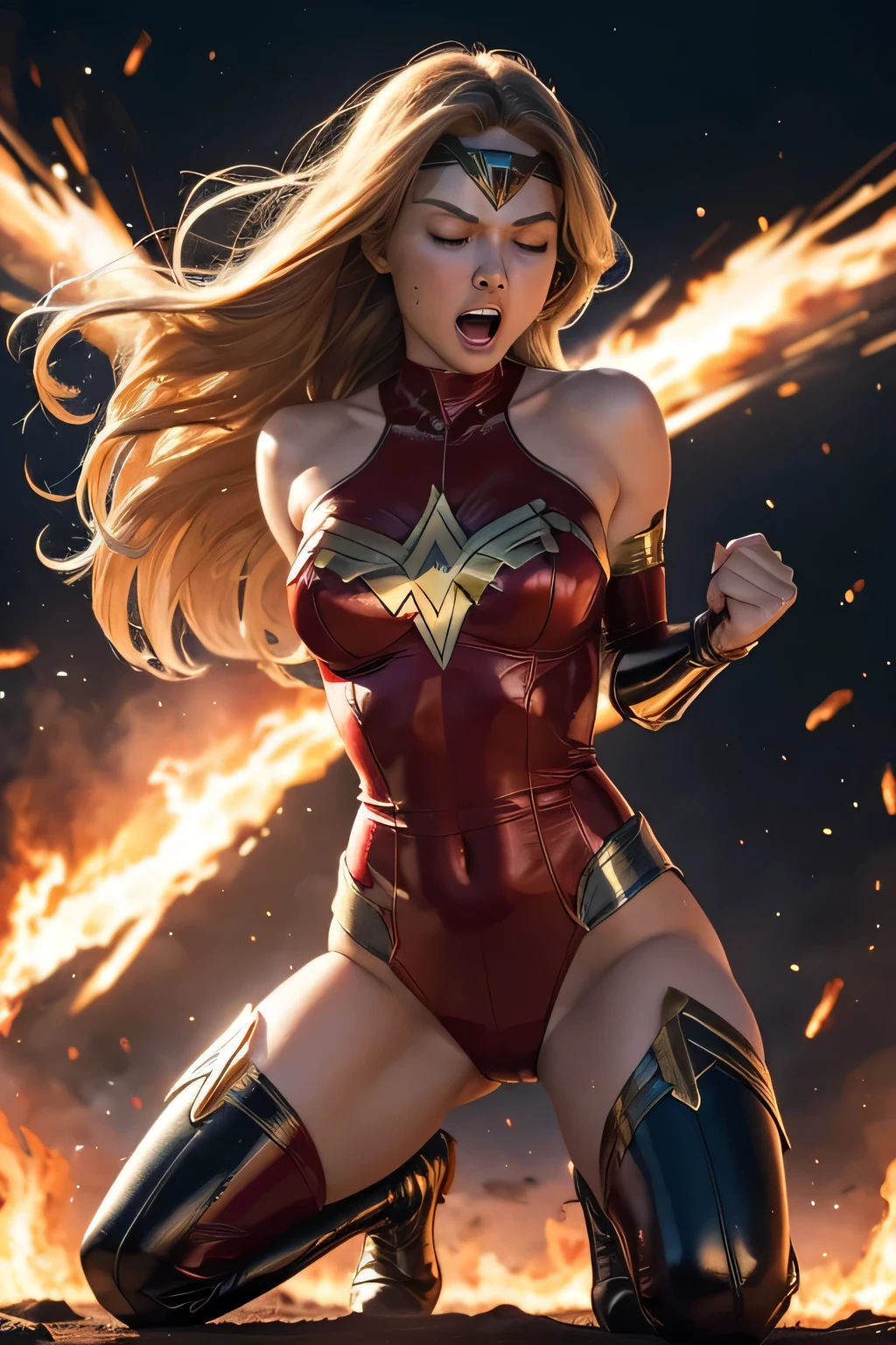 wonderwoman, long long gorgeous shine blonde hair, slender body, latex, leotard, bright red costume, ((blown away)), enveloped in heat hell, red heat, (received heat bullet), (burning air), dark red space distorted, cruelly, (painful), helpless, (screaming in pain), eyes closed, holding on, crouching, gritting teeth, suffering, leaning back, shrimp warping, (lying face up), spreading hands, lifting feet off the ground, being blow through the air, seen many explosion, explosion nitting her, hair swaying in hot air, in underground base 