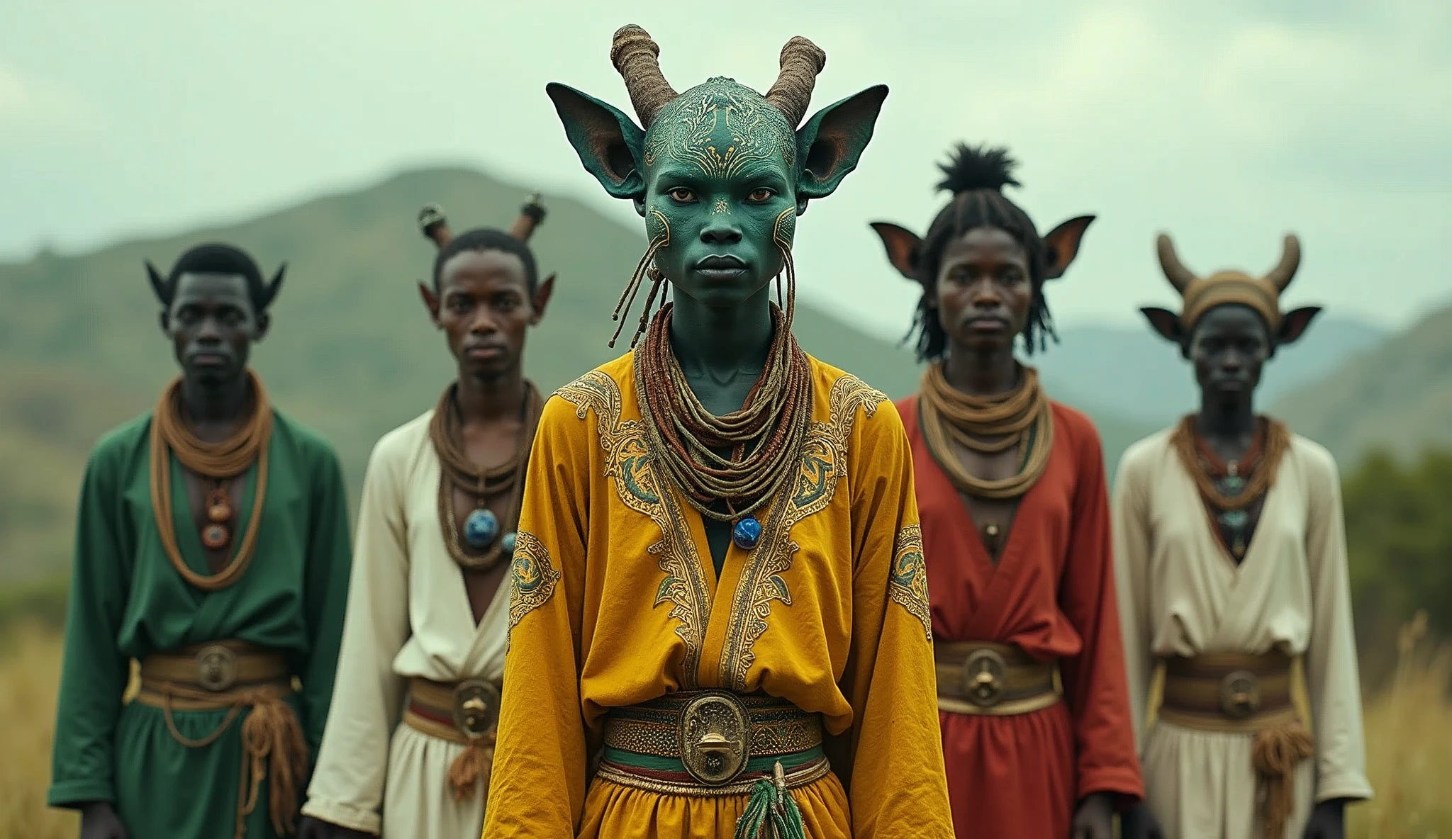 Comoros as an african islander League of Legend creature five mixed colors in green, yellow, white, red and blue colors. Intricated clothing. Cinematic Fantasy sci-fi landscape background