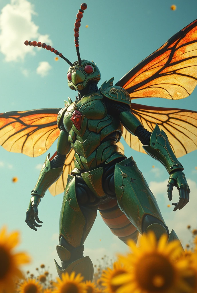Une Reine Guêpe [Polistes Hebraeus]en Armure de Guerre de Haute Qualité, (Aèrien), La Créature Menance, Pointe (Tendue) Attaque (Ample Plentiful) , Dangereuse, Hors norme, (Rage) Green (Menace) RedDanger, Une Nuée. Effroyable Créature. (Photo Telescopique Ouvert) Legendary Creature, Folklore D&D Concept. Pollens Particules. SKY ATMOSPHERE.