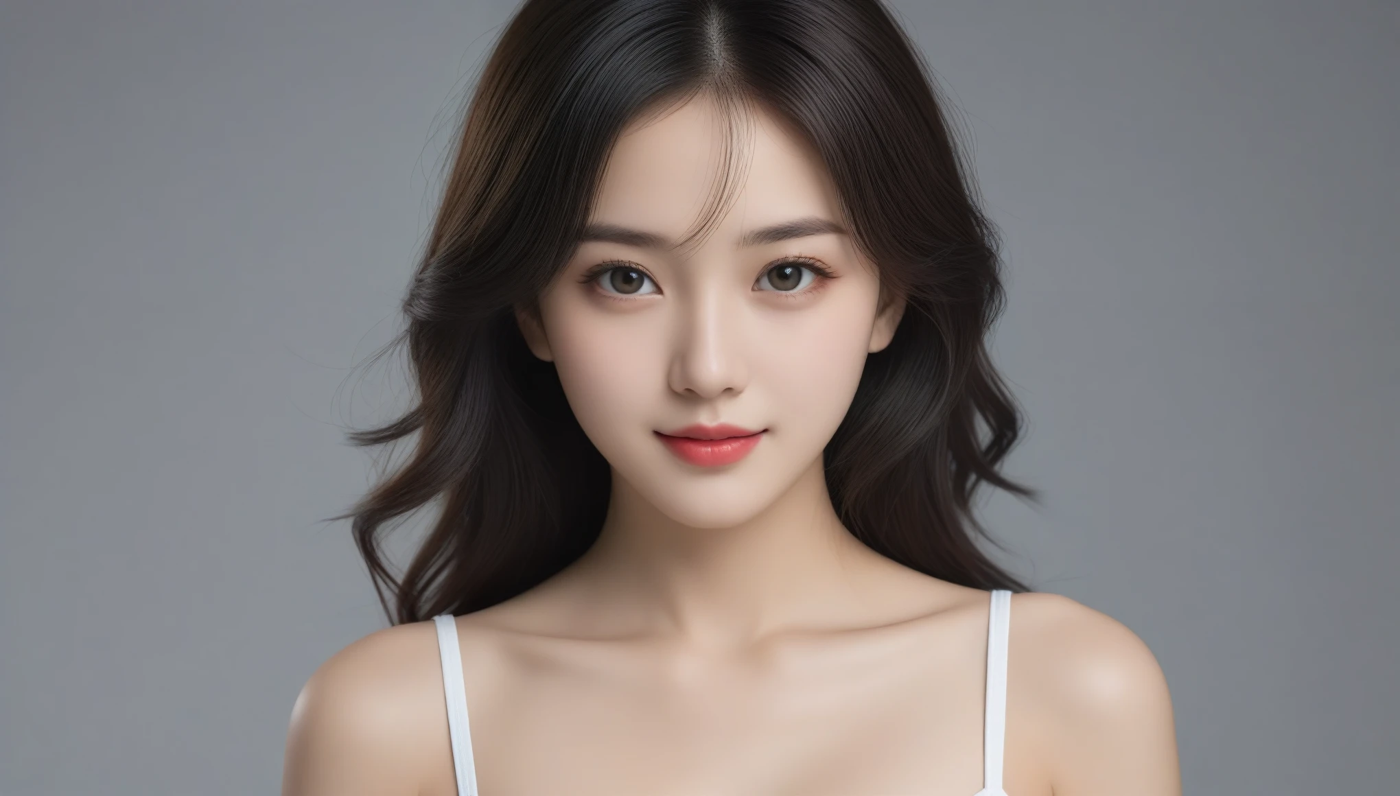 8k, Ultra-high resolution, Highest quality, masterpiece, 三分割法によるphotograph,Surreal, photograph, 1 Girl, (16 years old:1.3), pretty girl, Cute Face, 細部までBeautiful Eyes, 細かくdetailedに,masterpiece,One Girl:1.2,Japanese female announcer,close up,smile,Black Hair,Loose curly hair, (Beautiful attention to detail),Subtle details, detailedな顔, smile,Attractive girl,(女の子のポートレートphotograph:1.4),(Photorealistic images:1.4),Fantasy art,Gray background,(Beautiful Face:1.4),Beautiful and attractive eyes、Beautiful Eyes、(Tight waist:1.4)、(Beautiful girl with perfect body proportions:1.4),Red lips,Looking at the audience,(((Ideal body type))),A-cup small breasts :2,、Portraiture:2、Perfect Anatomy、鮮明なdetailed、detailed,Fashion magazine cover,Thin lips,完璧でBeautiful Face ,完璧でCute Face, Skin with attention to detail, Perfect limbs、Narrow waist,Surreal,Light and shadow,stage lights