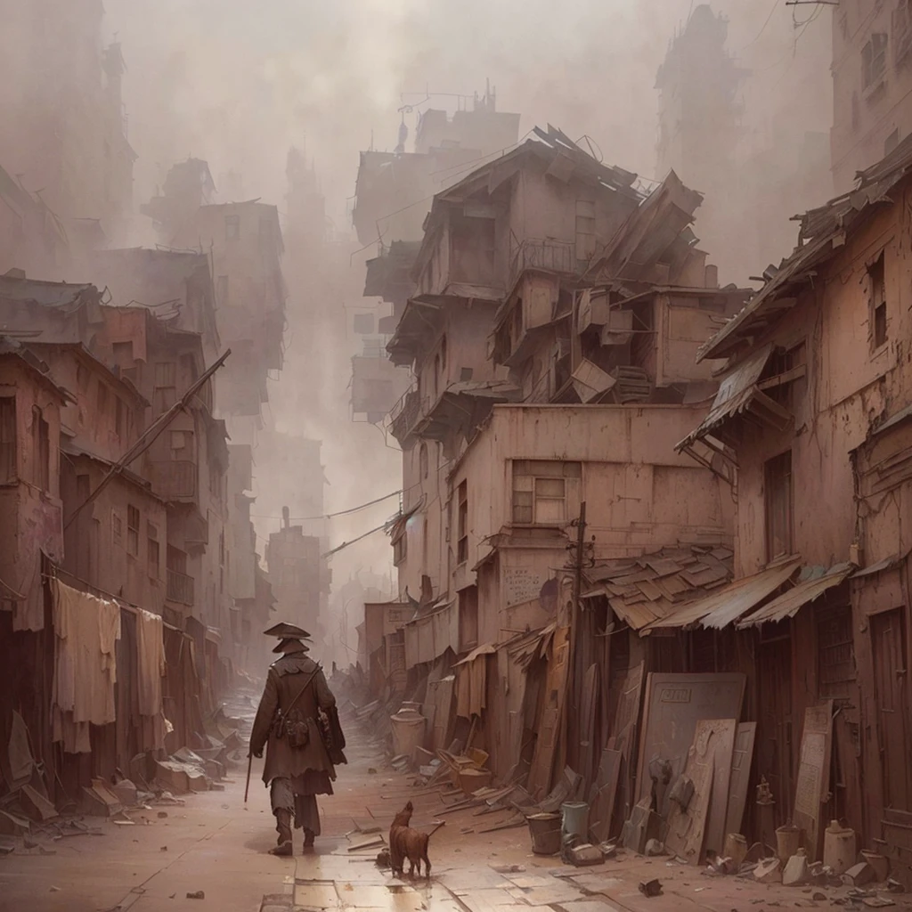 There is a picture of a man walking down the street., Inspired by Carl Spitzweg, The ancient street behind her, detailed Atmospheric and gritty, Atmospheric. Digital Painting, Dusty Street, eerie nostalgic Concept Art, painterly Concept Art, Concept Art for a video game, silent hill Concept Art, Concept Art. cigarette, The background is a slum, Concept Painting