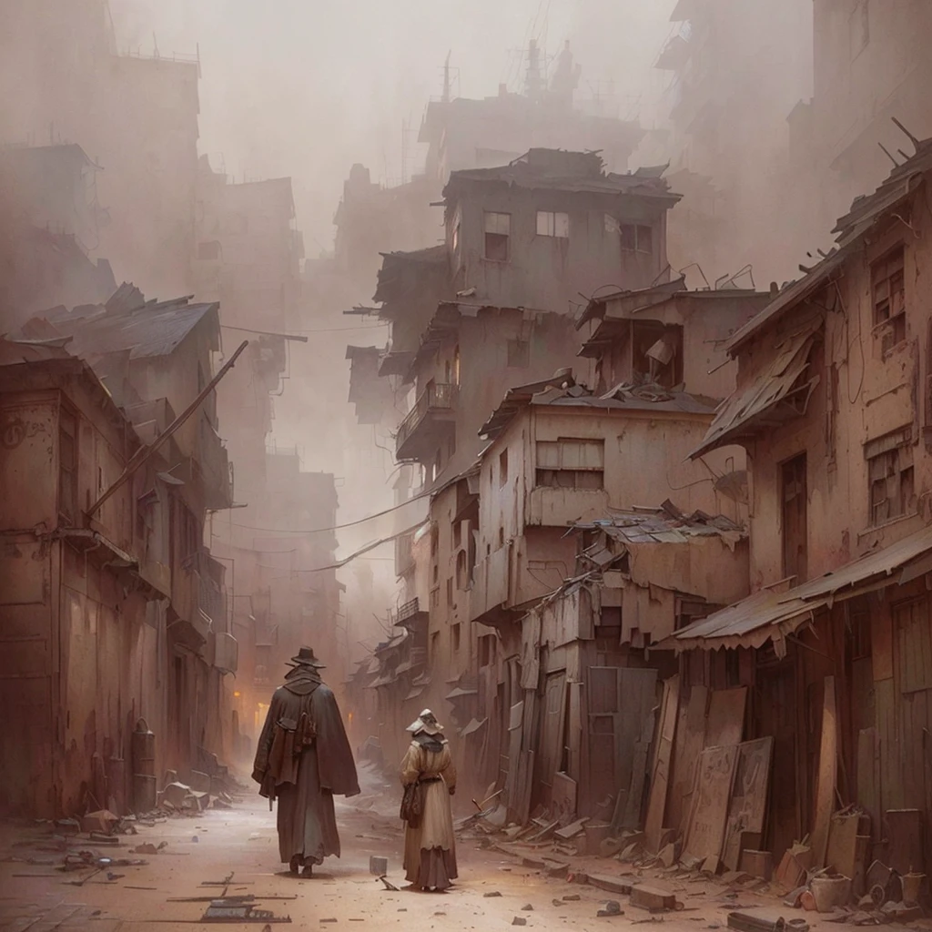 There is a picture of a man walking down the street., Inspired by Carl Spitzweg, The ancient street behind her, detailed Atmospheric and gritty, Atmospheric. Digital Painting, Dusty Street, eerie nostalgic Concept Art, painterly Concept Art, Concept Art for a video game, silent hill Concept Art, Concept Art. cigarette, The background is a slum, Concept Painting