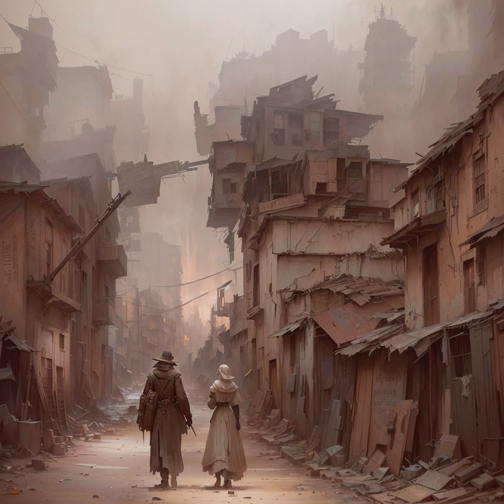 There is a picture of a man walking down the street., Inspired by Carl Spitzweg, The ancient street behind her, detailed Atmospheric and gritty, Atmospheric. Digital Painting, Dusty Street, eerie nostalgic Concept Art, painterly Concept Art, Concept Art for a video game, silent hill Concept Art, Concept Art. cigarette, The background is a slum, Concept Painting