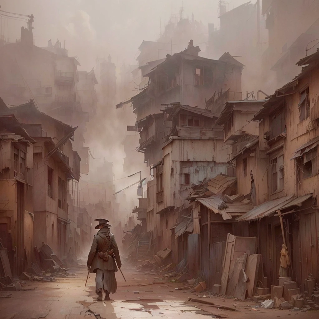 There is a picture of a man walking down the street., Inspired by Carl Spitzweg, The ancient street behind her, detailed Atmospheric and gritty, Atmospheric. Digital Painting, Dusty Street, eerie nostalgic Concept Art, painterly Concept Art, Concept Art for a video game, silent hill Concept Art, Concept Art. cigarette, The background is a slum, Concept Painting