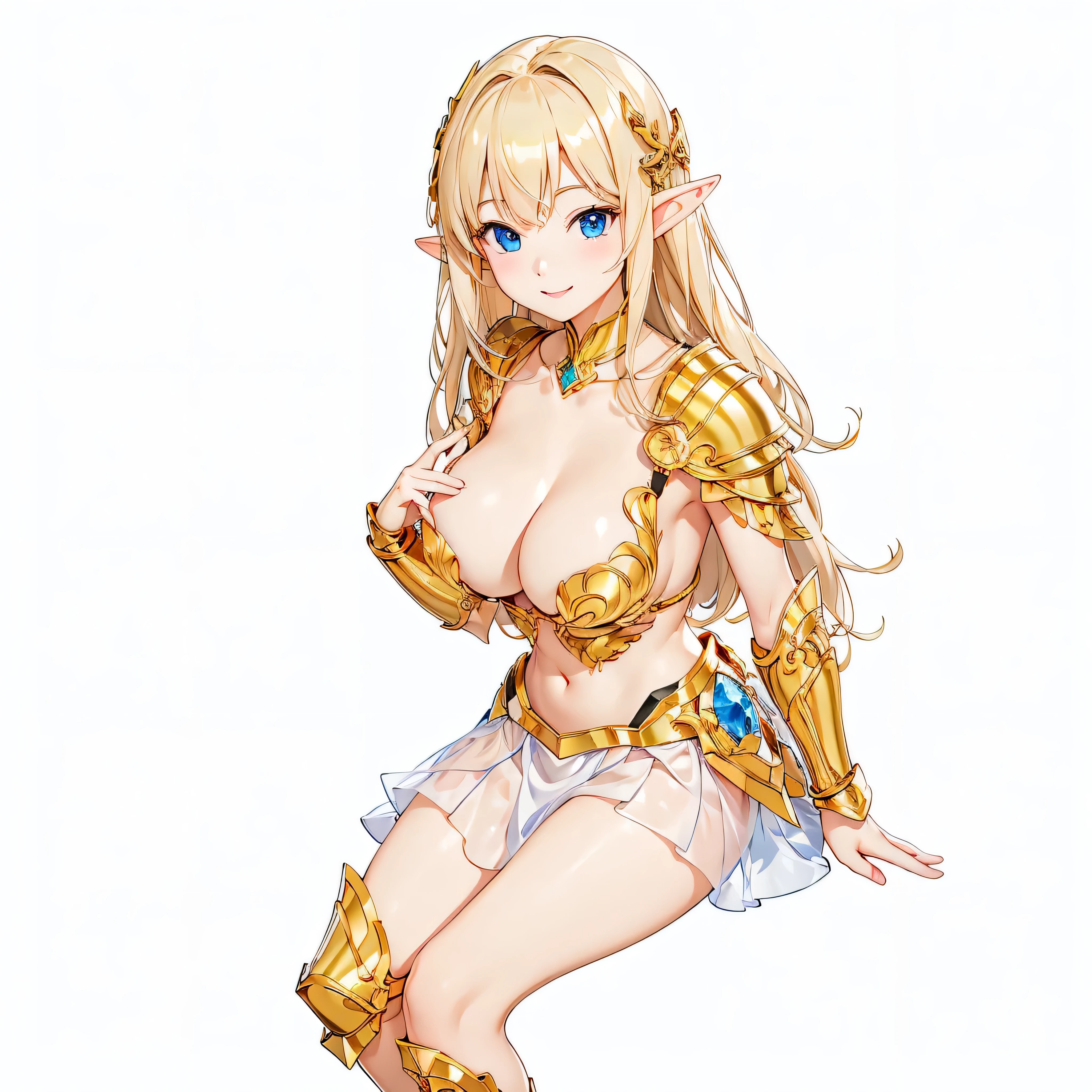 Highest quality、Very detailed、High resolution、16k、Thin contours、耳の長いElf、Nipples are visible、Shining golden armor、Gold bikini armor、Very large breasts、Very large breasts、Very transparent white skirt、chest proportion、Smile of the Goddess、Elfの女の子、Very white skin、Beautiful fingers、Perfect Style、Elf、No bra、Blonde hair and blue eyes、Cool smile