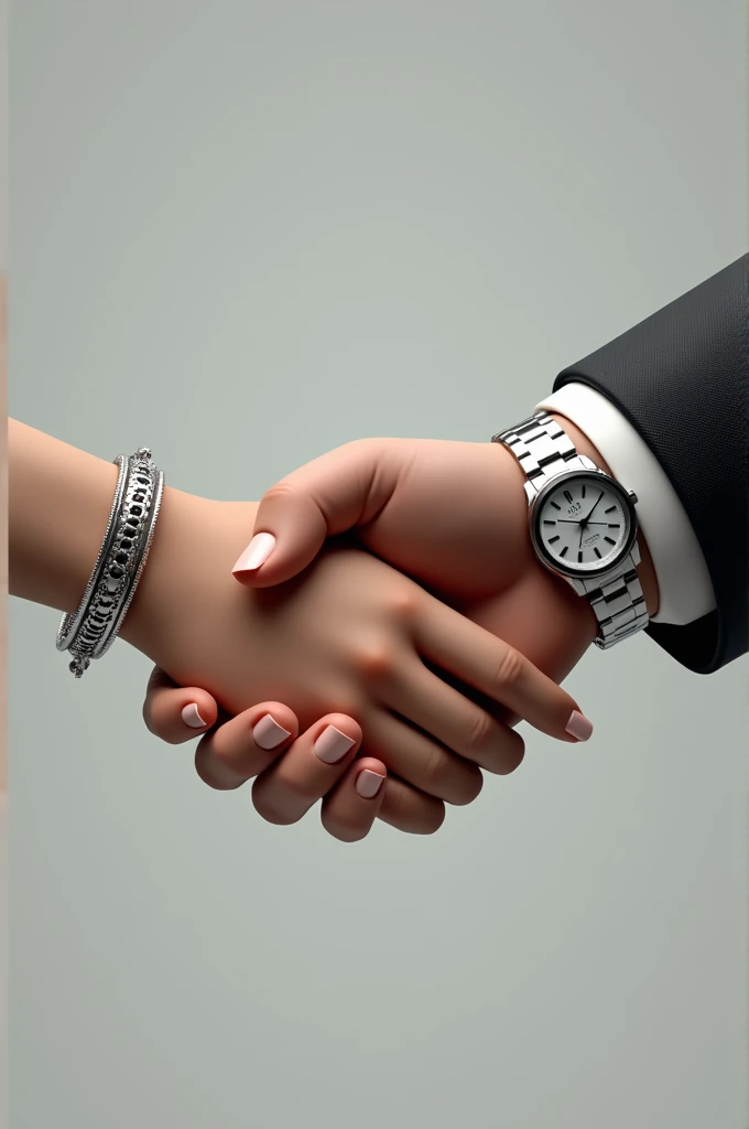 Two hands shaking each other, a female hand with a silver bracelet and beautiful nails, and the other male hand with a striking silver watch, realist