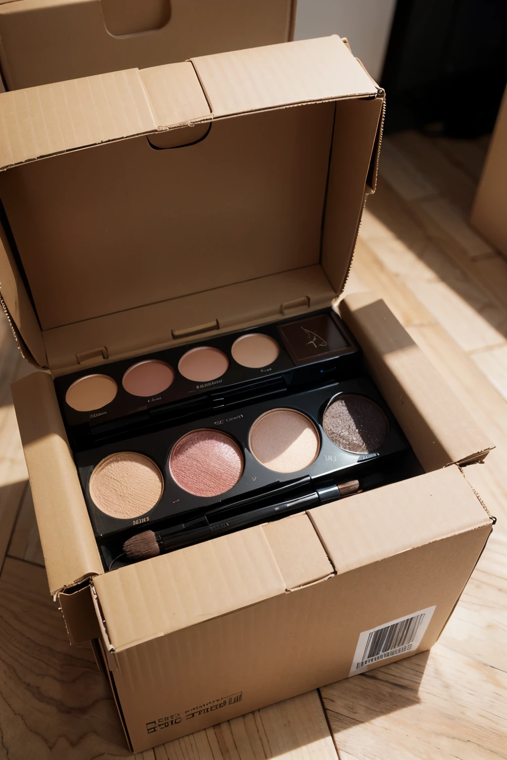 A cardboard box with makeup palettes from the brand &#39;Kamaya&#39; inside it.