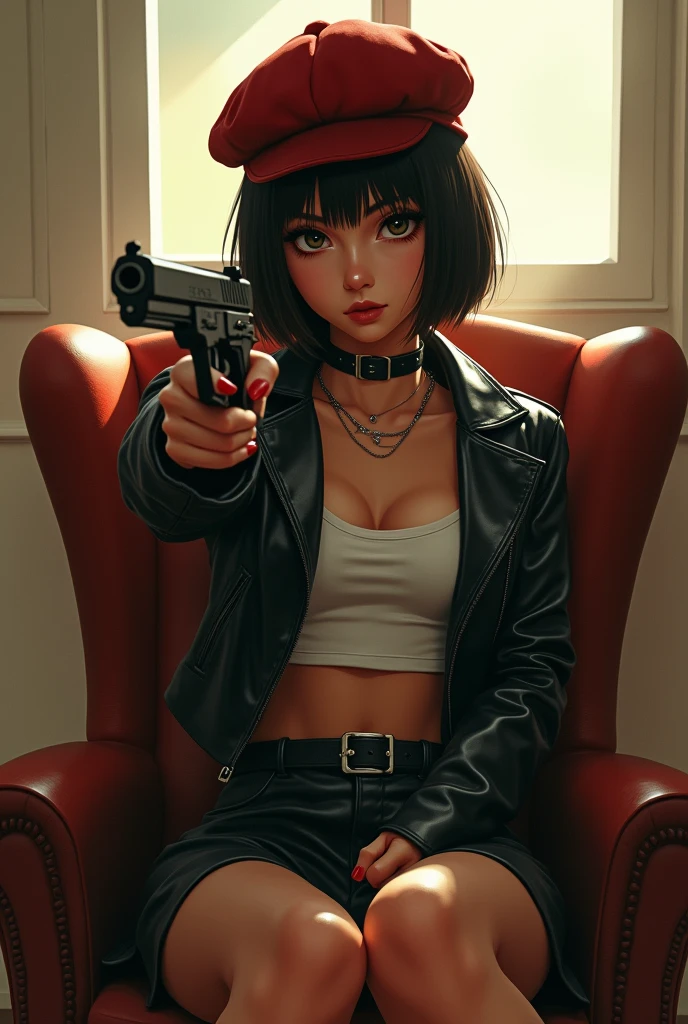A female assassin sits with the back of the chair in front of her and points the gun at the viewer, bob cut hair and red watch cap, black choker, Black leather cropped jacket, white tube top, black leather miniskirt, black short boots, in the room, Sunlight shines through the window, super photorealistic, cinematic lighting, Artwork inspired by Natalie Portman
