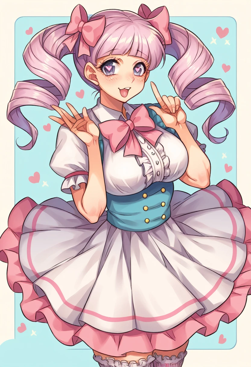 Cute, girl, pastel long lavender hair, curly twintails, purple eyes, heart shaped pupils, big breasts, hourglass finger, slender, ruffle pastel bow blouse, Skirt-Knee-length, pastel, pleated with floral patterns, petticoat, lacy stockings, 