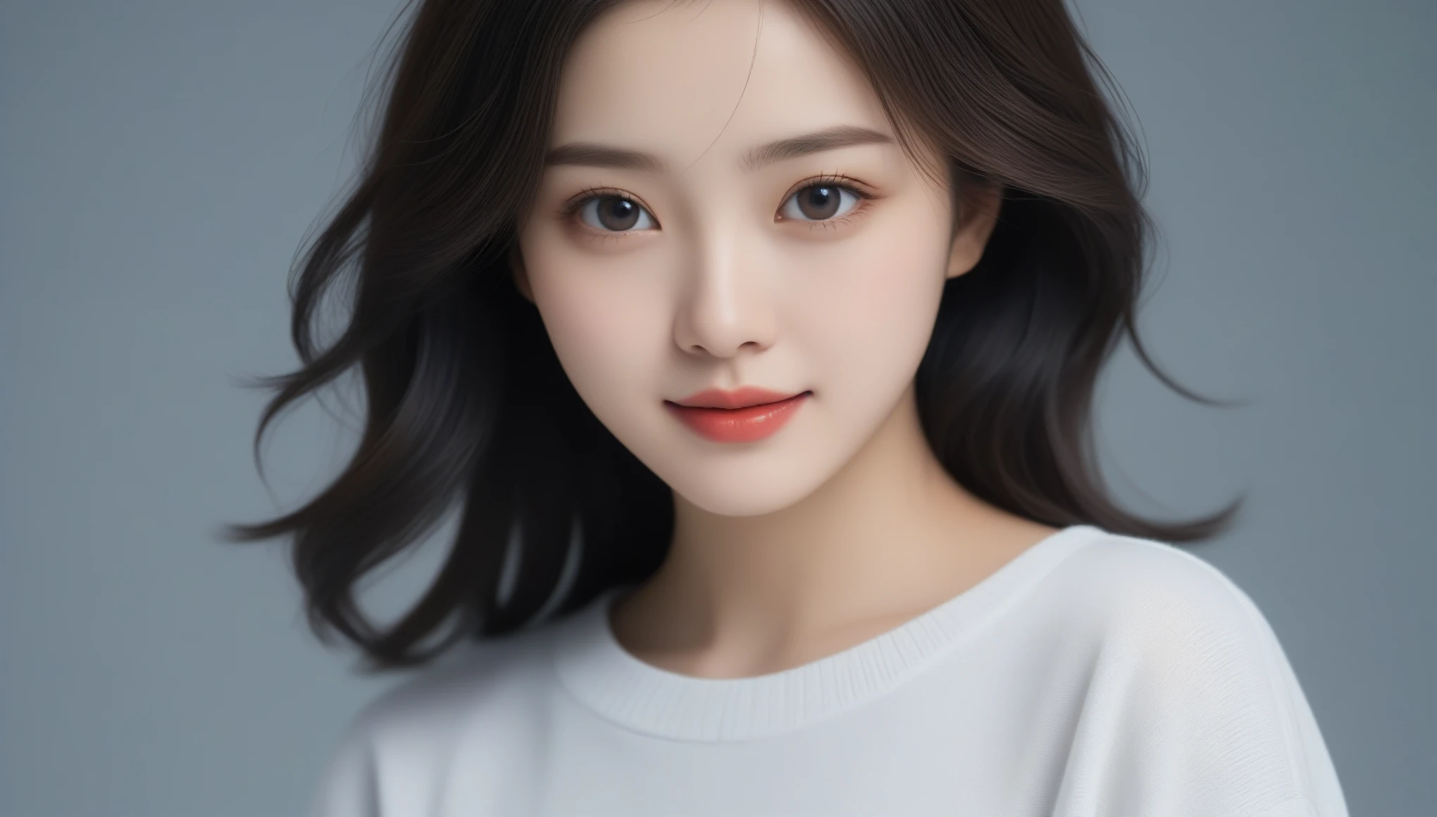 8k, Ultra-high resolution, Highest quality, masterpiece, 三分割法によるphotograph,Surreal, photograph, 1 Girl, (:1.3), pretty girl, Cute Face, 細部までBeautiful Eyes, 細かくdetailedに,masterpiece,One Girl:1.2,Japanese female announcer,close up,smile,Black Hair,Loose curly hair, (Beautiful attention to detail),Subtle details, detailedな顔, smile,Attractive girl,(女の子のポートレートphgraph:1.4),(Photorealistic images:1.4),Fantasy art,Gray background,(Beautiful Face:1.4),Beautiful and attractive eyes、Beautiful Eyes、(Tight waist:1.4)、(Beautiful girl with perfect body proportions:1.4),Red lips,Looking at the audience,(((Ideal body type))),A-cup small breasts :2,、Portraiture:2、Perfect Anatomy、鮮明なdetailed、detailed,Fashion magazine cover,Thin lips,完璧でBeautiful Face ,完璧でCute Face, Skin with attention to detail, Perfect limbs、Narrow waist,Surreal,Light and shadow,stage lights