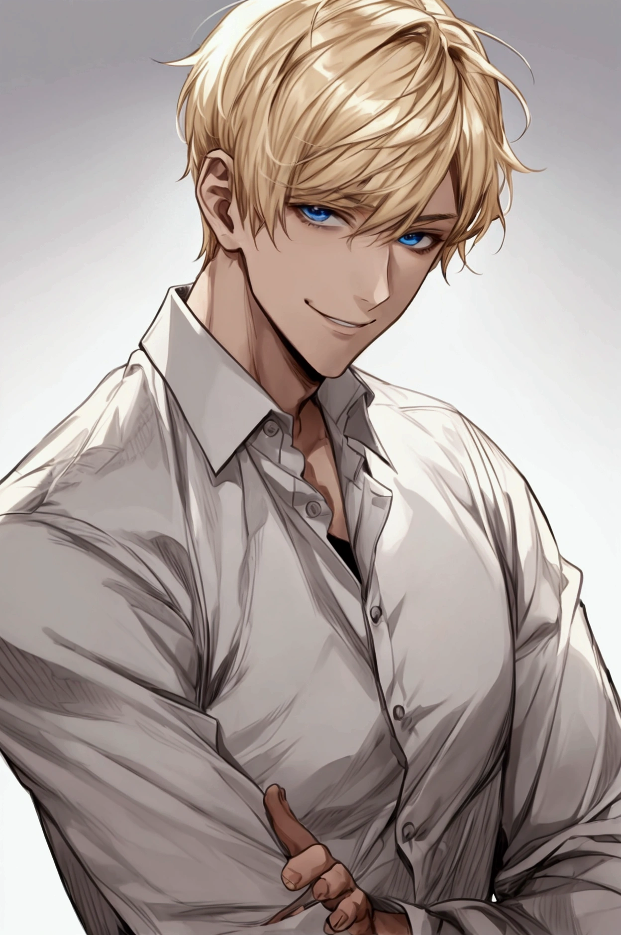 Guy, blonde short hair, wearing a white shirt, hair is split to side, Half body, high quality, handsome face, smiling at camera