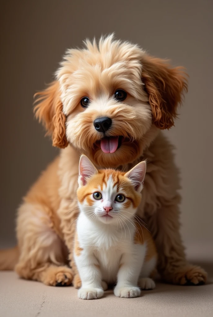 A male cat, a female cat, a baby cat, a curly female dog 