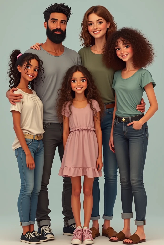 an adult man standing white and with black hair, Without beard, with a tall brunette woman with curly hair, and three daughters, one of the daughters who is a teenager, tall and white-skinned and the other two, smaller and curly brunettes

