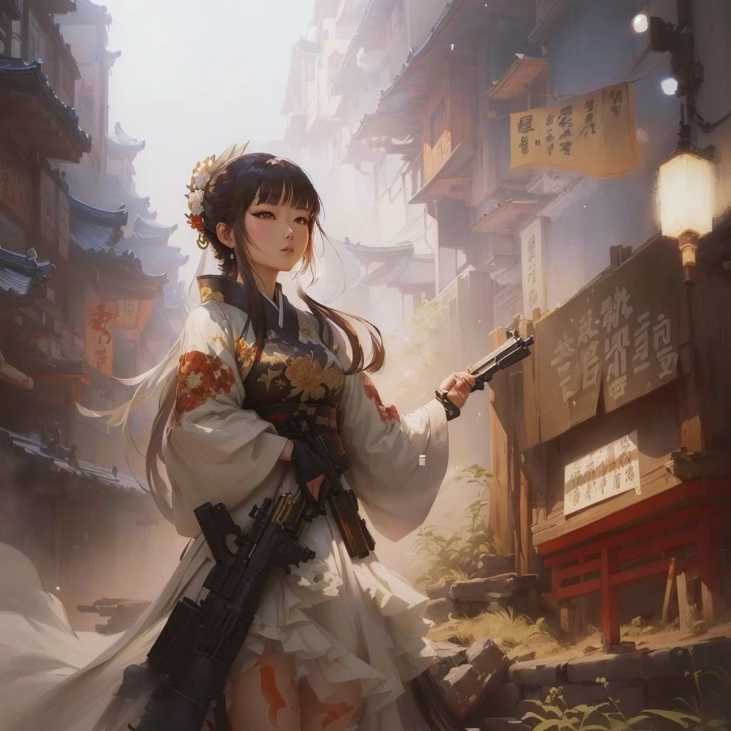 Anime style painting of a woman in a white dress holding a gun, artwork in the style of Gwaiz, Inspired by Chung Fenghua, Gwaiz, Beautiful artwork illustration, Sosei, Jan J, Gwaiz on pixiv artstation, Traditional Japanese concept art, Gwaiz masterpiece, Inspired by Zhang Senyao