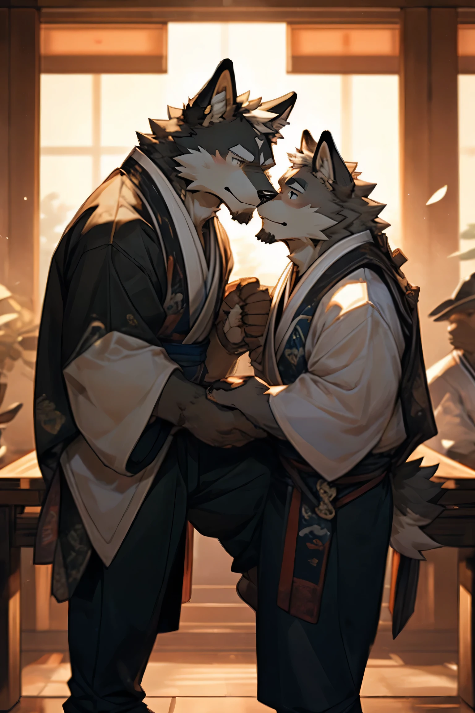 best quality，8k，The clearest，Highest resolution，Male gray wolf［Son：0.6］，There is a little black beard on the chin，ExpressionDrunk［Drunk：0.7］，Body［robust：0.6］，Wearing Dark green Hanfu［Dark green Hanfu；0.8］，Wearing Black Hanfu trousers［Black Hanfu trousers：0.9］，Drunk，in the room，Sit on a wooden bench，Holding a teacup in hand，Get closer to the shot