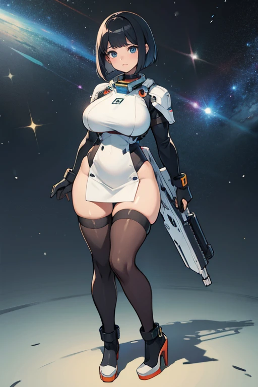 very wide hips, thick thighs, platform heels, tight tube dress, space girl, huge breast, thin waist, tight stockings, bob cut hair, tactical,