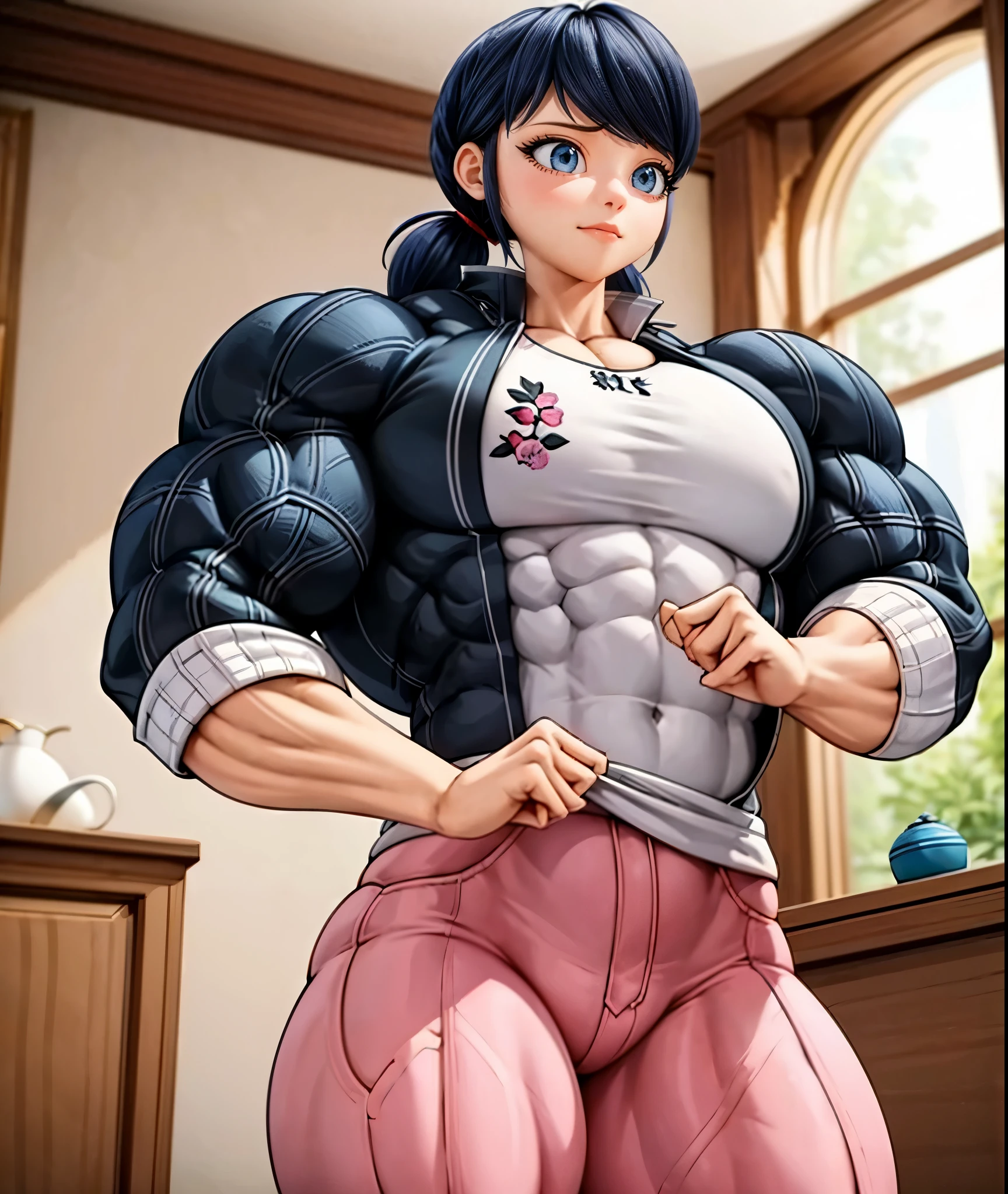 (big muscular female bodybuilder, beautiful detailed eyes, beautiful detailed lips:1.1,strong physique, two short pigtails, (smile), ( Marinette wears a white printed shirt ), black jacket, ((( dark pink jean's , plane jean's, without pattern))), and ballet flats.), lifting weight, Thick Neck, watermelon sized muscular arms and legs:1.2, toned 10 pack abs, powerful expression,sweating:1.1, gym background:0.9, intense focus:1.1, vibrant colors, dramatic lighting), rippling muscles,sturdy frame,dark tan,fit around the waist,(tight 10 pack abs),strong arms and shoulders,intense expression,determined look,well-defined muscles and veins,straining muscles,artistic pose,steely gaze,side lighting,powerful presence,vivid colors,dynamic composition,studio lighting,physically-based rendering,athletic build,bodybuilding silhouette,professional,gritty texture,bokeh, working out in the gym with heavy dumbell .