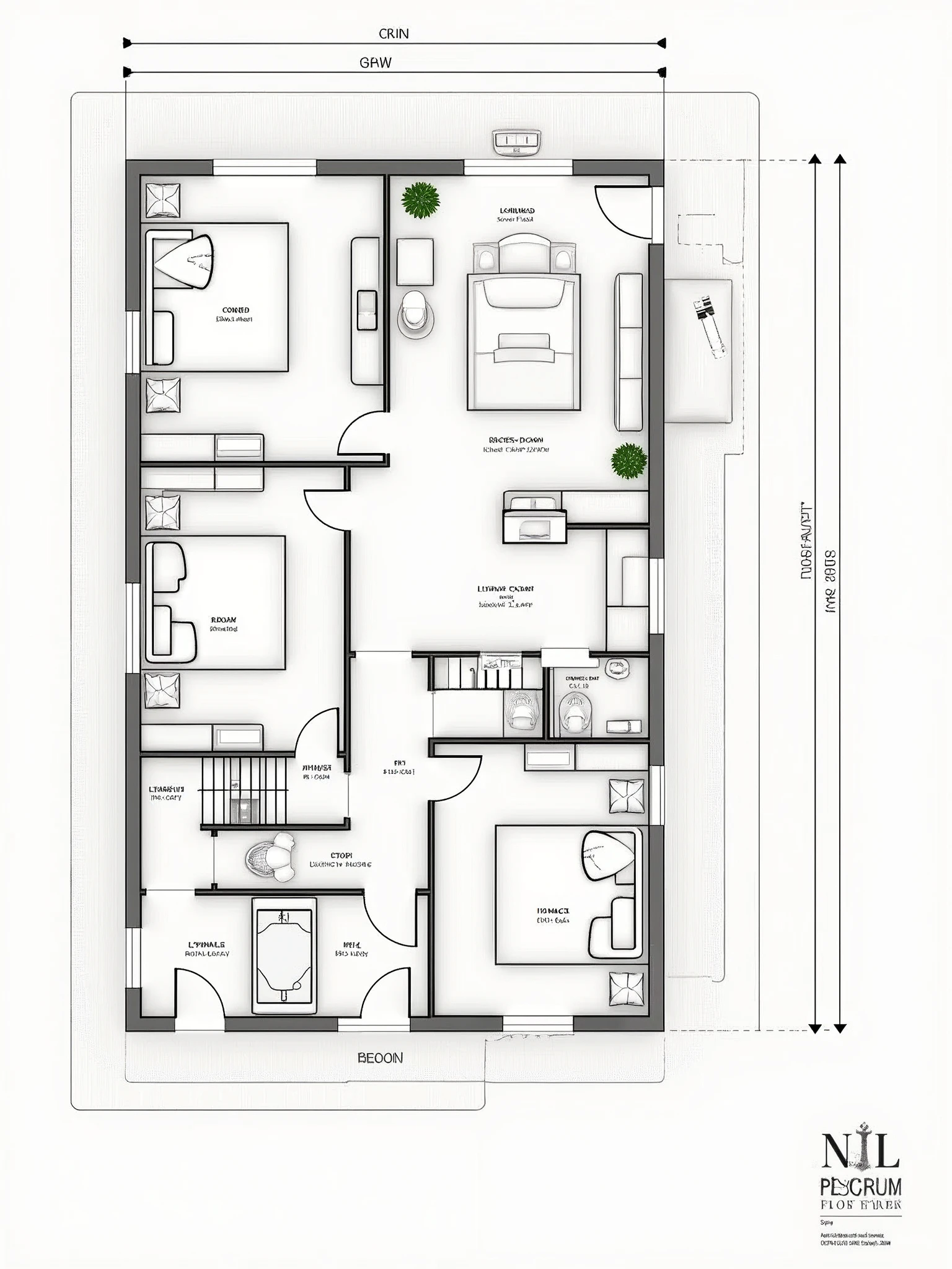 Draw a floor plan of a three-bedroom and two-living room,Three rooms facing south,living room、bathroom、Kitchen facing north,Request that the dimensions of each room be marked