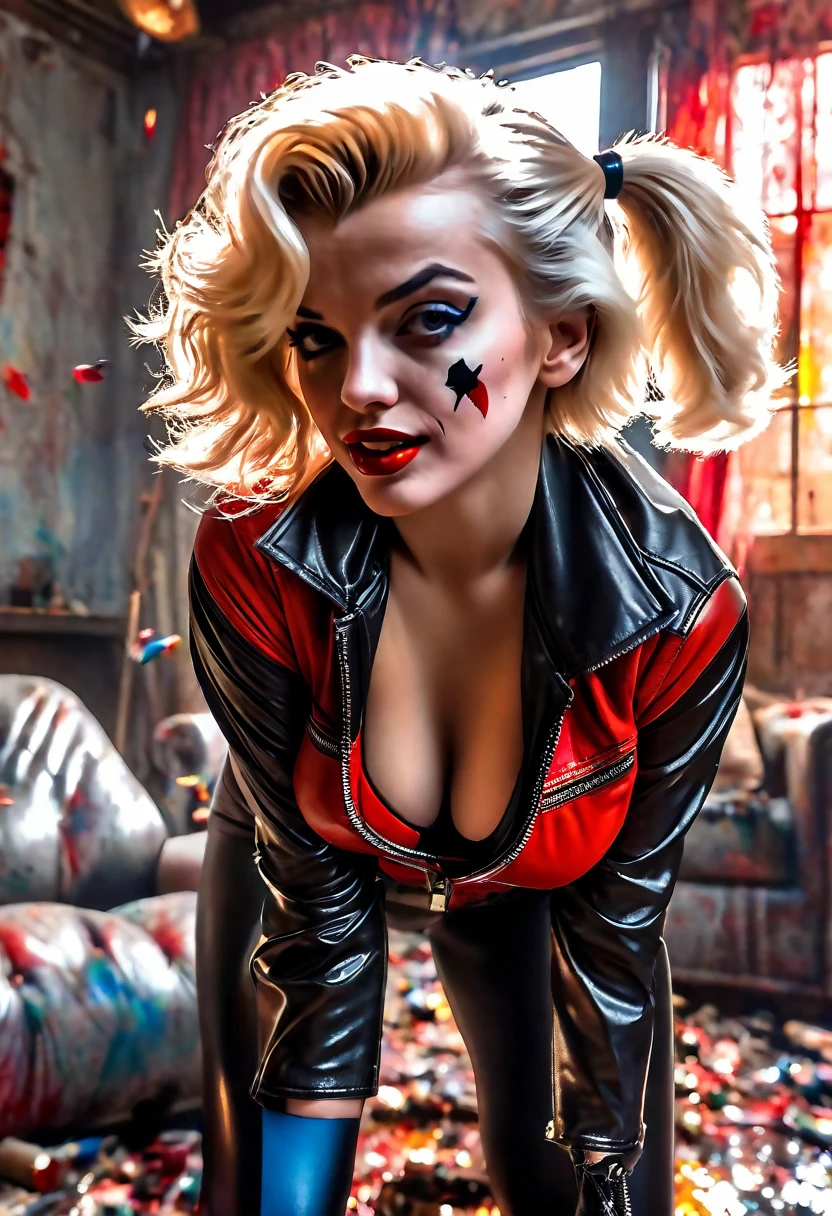 A glamorous Marilyn Monroe (age 25), wearing a black leather jacket and a sexy swimsuit, striking a tough girl pose, playing the role of Harley Quinn, with a crazy, flirtatious expression, casually holding a gun in a trashed bloody living room, show all of her, show her head to toe, ultra-detailed, (best quality,8k,highres,masterpiece:1.2),ultra-detailed,(realistic,photorealistic,photo-realistic:1.37),HDR,UHD,studio lighting,ultra-fine painting,sharp focus,physically-based rendering,extreme detail description,professional,vivid colors,bokeh,portrait