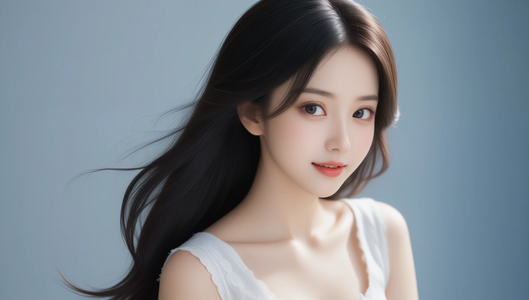8k, Ultra-high resolution, Highest quality, masterpiece, 三分割法によるphotograph,Surreal, photograph, 1 Girl, (16 years old:1.3), pretty girl, Cute Face, 細部までBeautiful Eyes, 細かくdetailedに,masterpiece,One Girl:1.2,Japanese female announcer,close up,smile,Black Hair,Loose curly hair, (Beautiful attention to detail),Subtle details, detailedな顔, smile,Attractive girl,(女の子のポートレートphotograph:1.4),(Photorealistic images:1.4),Fantasy art,Gray background,(Beautiful Face:1.4),Beautiful and attractive eyes、Beautiful Eyes、(Tight waist:1.4)、(Beautiful girl with perfect body proportions:1.4),Red lips,Looking at the audience,(((Ideal body type))),A-cup small breasts :2,、Portraiture:2、Perfect Anatomy、鮮明なdetailed、detailed,Fashion magazine cover,Thin lips,完璧でBeautiful Face ,完璧でCute Face, Skin with attention to detail, Perfect limbs、Narrow waist,Surreal,Light and shadow,stage lights