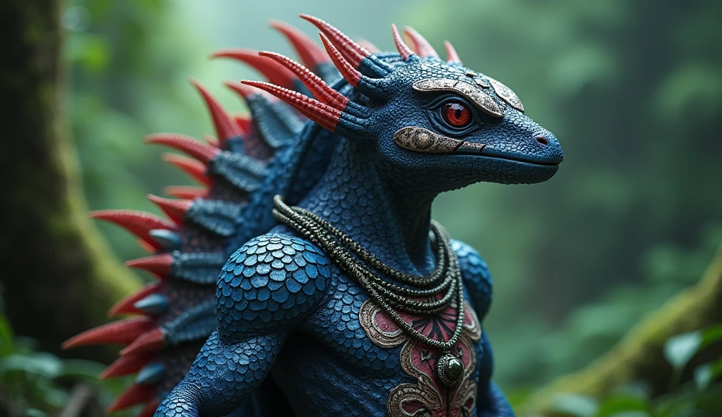 Costa Rica as a jungle central american League of Legend creature in deep blue, red and white color. Intricated clothing. Cinematic Fantasy sci-fi landscape background