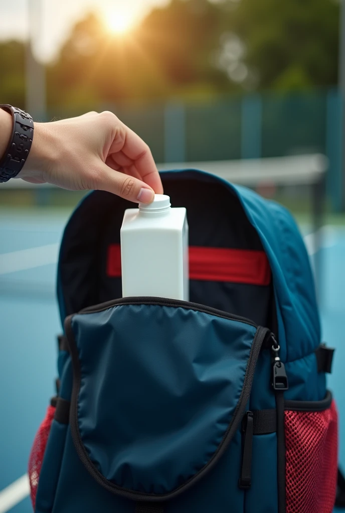 Hand with sports bracelet putting small square milk carton into open sports backpack,Backlight,Photography,Vertical Image,zoom in,A corner of the tennis court,There are some sundries in the backpack