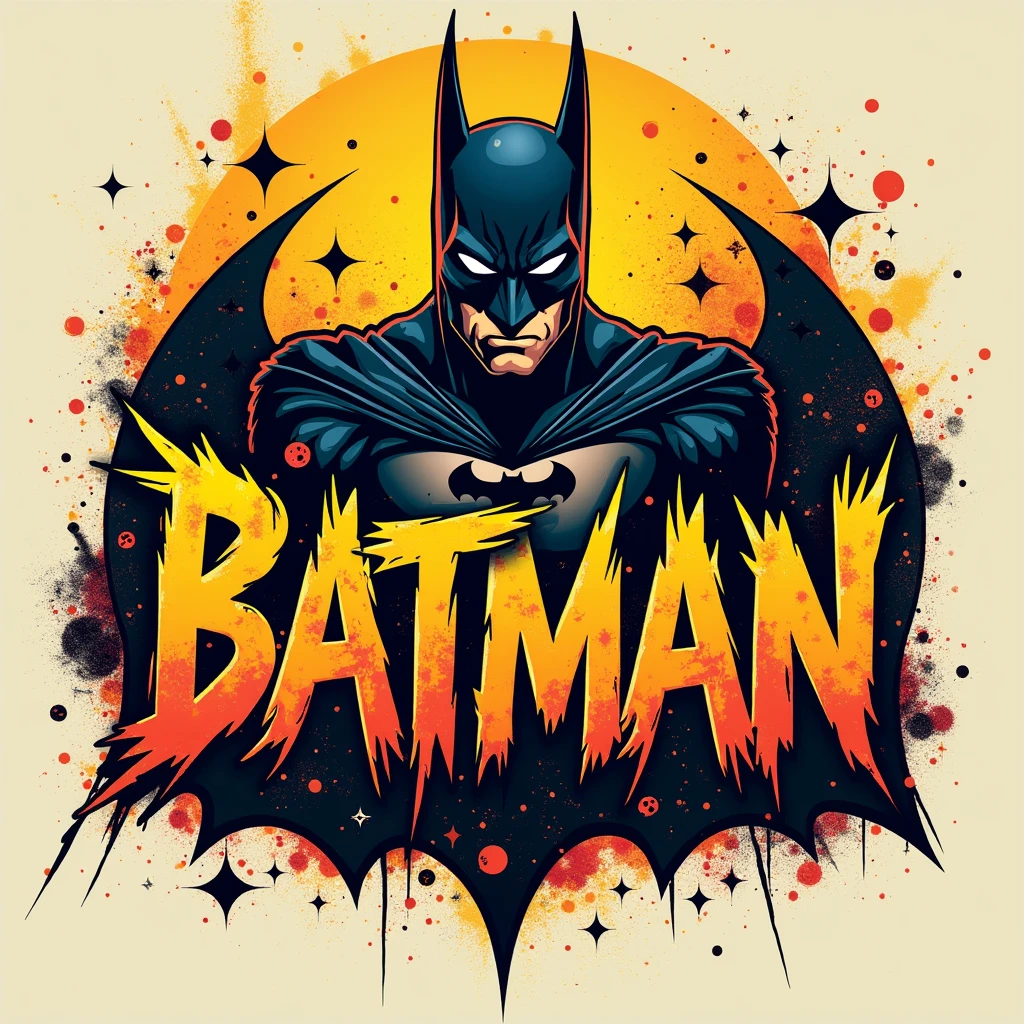 t shirt design, a bold graffiti-style font,batman,distressed texture,small star symbols,small skull symbols,scattered around text,highly detailed,vibrant colors,urban style,grungy,rough edges,dynamic composition,street art