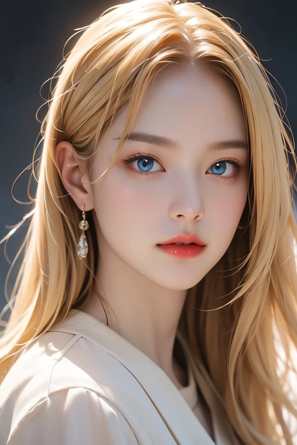 1 girl, face only, blonde hair, long hair, blue eyes, (detailed eyes), (beautiful detailed face:1.0), (realistic), single focus, single background, female focus, Portrait, (masterpiece:1.0), (best quality:1.0), (8k wallpaper:1.0), red lips, perfect nose,