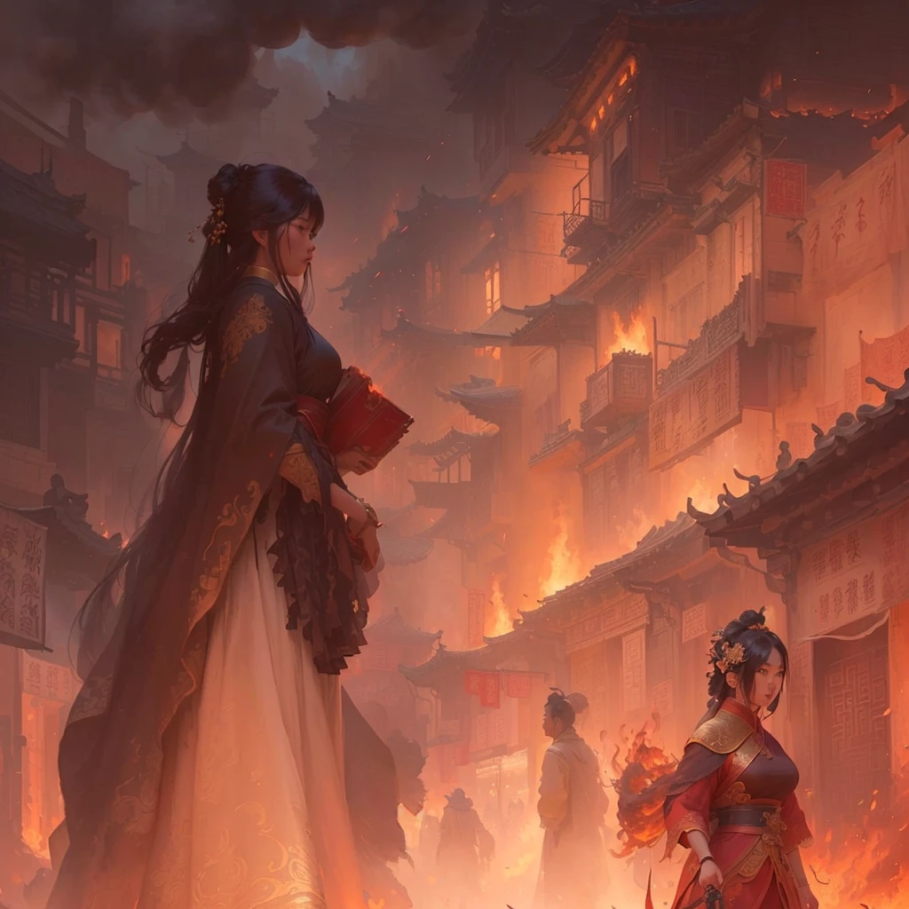 A woman walking down the street with fire in the background, an ancient city on fire, Beautiful artwork illustration, Written by Zou Zhe, Inspired by Chung Fenghua, Bayard Wu, Jan J, Concept art Great atmosphere, by Han Gan, illustration concept art, Written by Len Mei, by Shimo