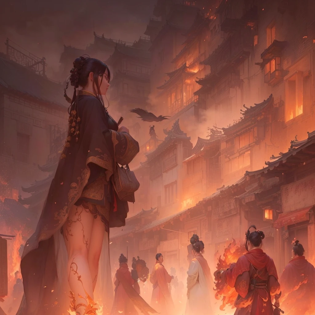 A woman walking down the street with fire in the background, an ancient city on fire, Beautiful artwork illustration, Written by Zou Zhe, Inspired by Chung Fenghua, Bayard Wu, Jan J, Concept art Great atmosphere, by Han Gan, illustration concept art, Written by Len Mei, by Shimo