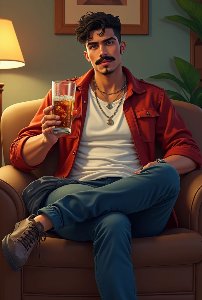 Tall and robust, fat, strong boy of 1.92 meters,of dark test,With casual oversize style,with Puerto Rican roots ,with a short goatee and a bit of a handsome mustache and brown eyes with a seductive look sitting upright and with his legs crossed on a piece of furniture while drinking rum,With an age of 16-19 years