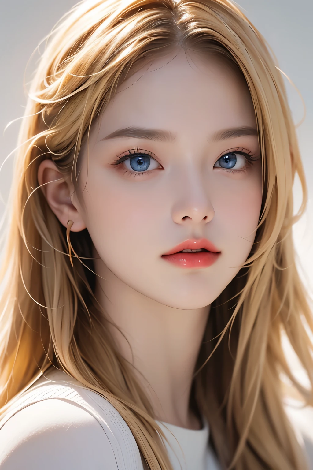 1 girl, face only, blonde hair, long hair, blue eyes, (detailed eyes), (beautiful detailed face:1.0), (realistic), single focus, single background, female focus, Portrait, (masterpiece:1.0), (best quality:1.0), (8k wallpaper:1.0), red lips, perfect nose,