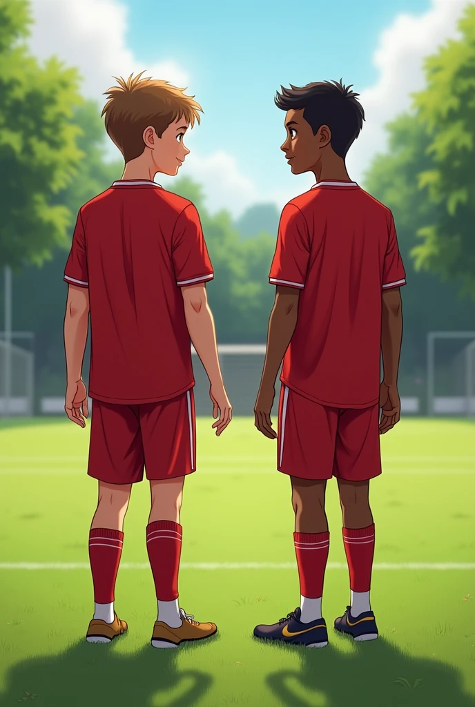 two brothers, one is 11 years old and the other 12, They are standing in the middle of a soccer field, one is a goalkeeper and the other a forward, both wear the uniform of the Liverpool club from England, They are almost the same height.
The 11-year-old is Caucasian and the 12-year-old is dark-skinned.