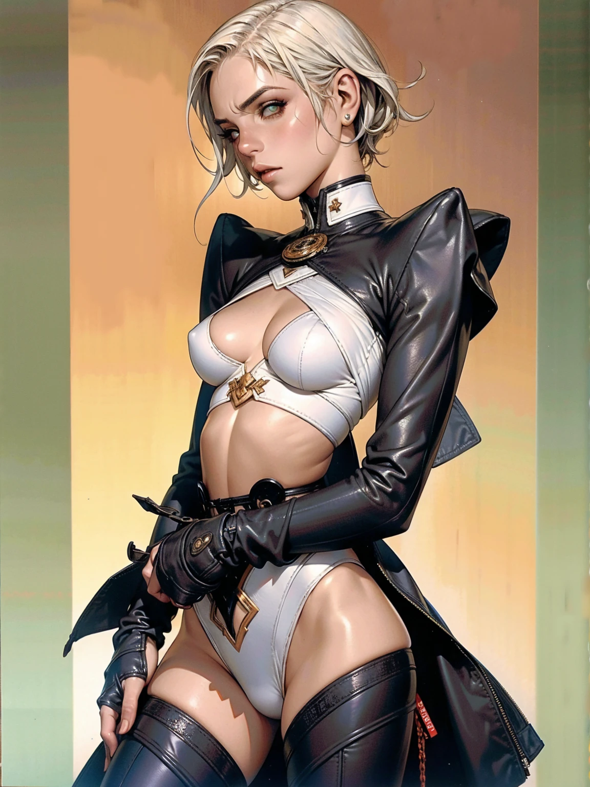 (((Annie Lennox))), ((( BLACK AND RED nano suit ))), (((bandaged arms))), (((MMA fighter OF THE FUTURE))), ((high collar)), (((Quorra))), (((best qualityer: 1.4))), (Unbeatable masterpiece), (hiper HD),(CG 8k hyper-realistic), (((brave face))), (((breasts big))), (((hyper feminine))), sexly girl,（black bob hair)), ((( sculptural body ))), (((1 Kizi))), Kizi cibernética de 25 anos com perfectbody,,Beautiful and well-groomed face,muscular body:1.2,solid color detailed jacket, (Head to thigh photos)， Complex equipment, green dark，Long pants，Tight clothes are dark，With white stars and off-white stripes,,,,,Armor Metal Electronic Parts, Poison tattoos ) INFO, Kizi, (((standing alone))), pirralha violent, ((())), sexly, pose de atitude, work of art, post-apocalypse, (((manga style))), bounty hunter, violent, Manic, the way you want, slenderbody, thin but strong, perfectbody, roupa moderna, advanced technology, neon, sleeves with vertical striped pattern, neutral background, (( cowboy shot )). intricate visual
