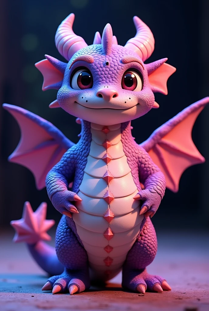 Theatre costume for a 9 year old boy of a chubby dragon, half purple and half pink diamonds