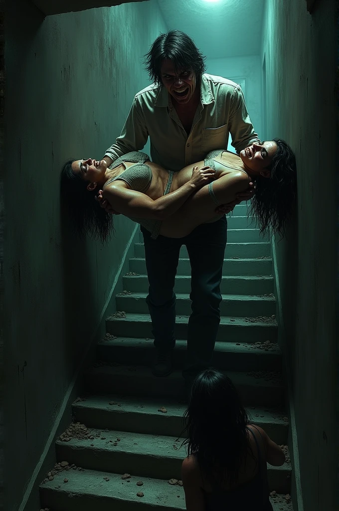 A psycho killer comes down the steps carrying a man and a woman stands in fear
