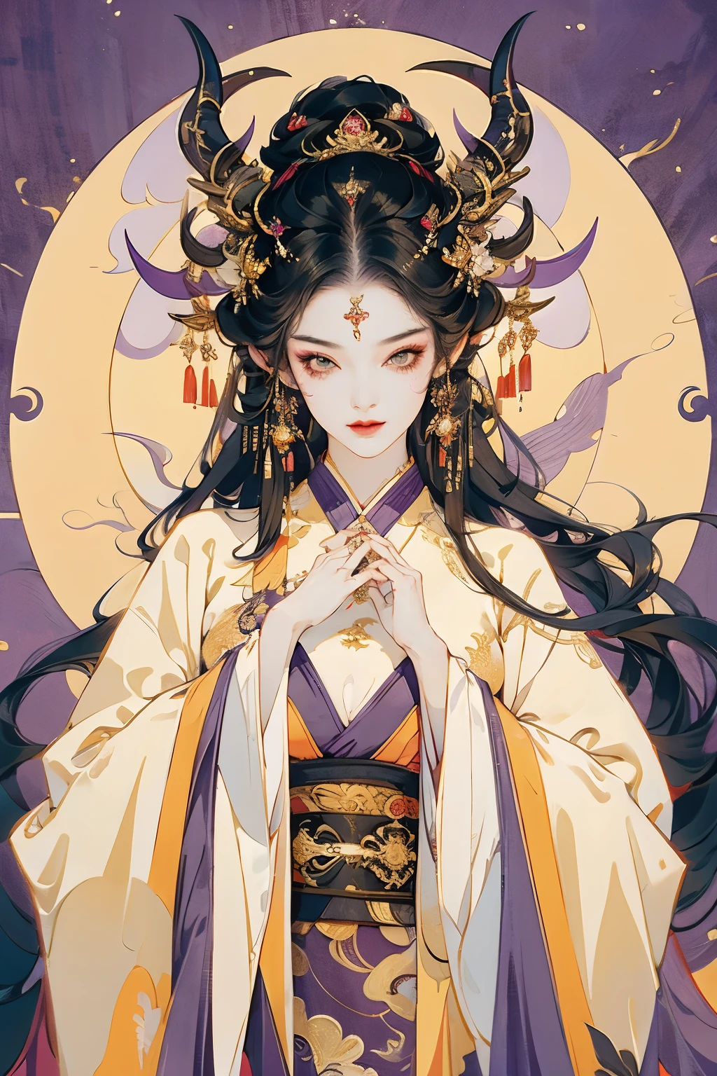 demon girl, sexy, bright eyes, black hair, long hair, two horns, big horns, look at viewer, beatiful girl, seductive gaze, golden eyes, eyeliner, chinese clothing, purple cloth, purple theme, perfect girl, bauty girl, sexy girl, good body.