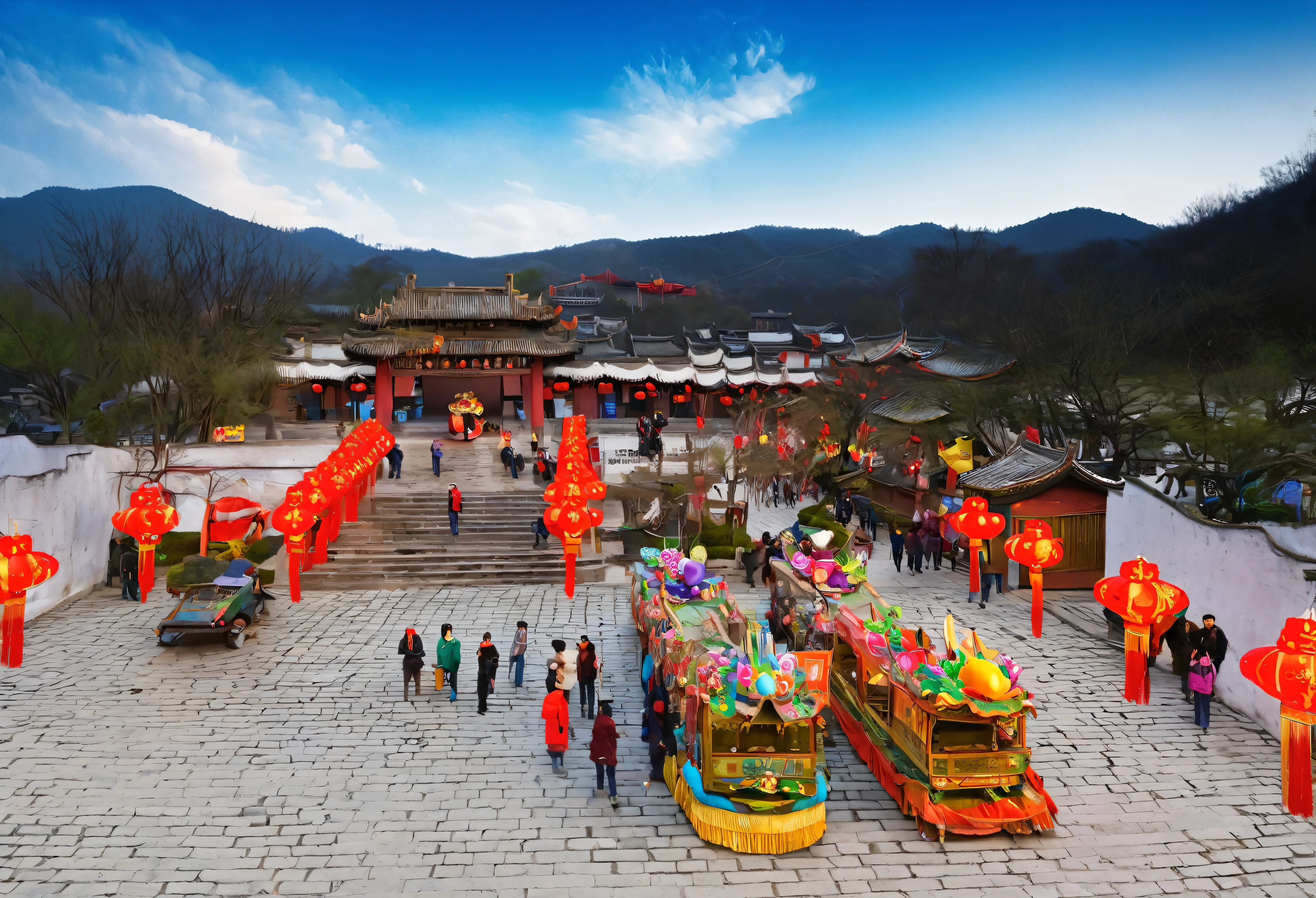 Lights and decorations everywhere，People walking in a Chinese courtyard with lanterns, Huanglongtou Festival, China Village,  ancient Chinese Architecture, ( Visually stunning, Dreamy China城, Full view, Chinese Architecture, Beautiful images, Dreamy China, trip,Two huge Chinese floats，Two huge Chinese floats，The Spring Festival atmosphere is very strong，RAW，uhd，8k，Detailed Details，Best quality，Perfect color matching，Cinematic atmosphere，Masterpieces shot by international photography masters，National Geographic Photography Award Winners