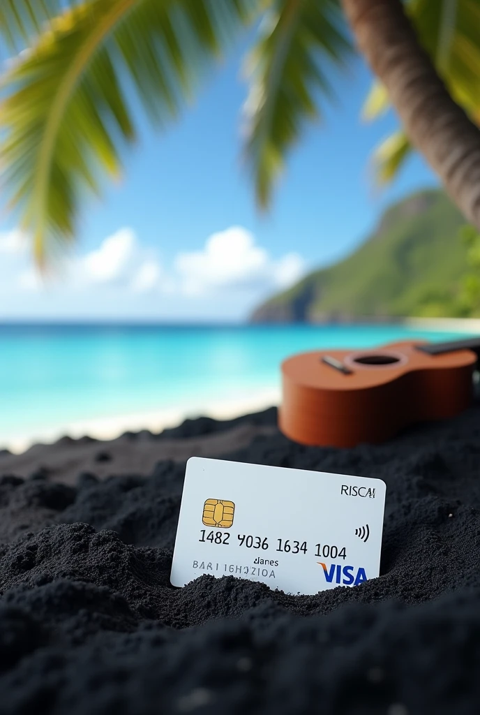 A visa card in the black sand of a beach in Tahiti with coconut trees and a ukulele
