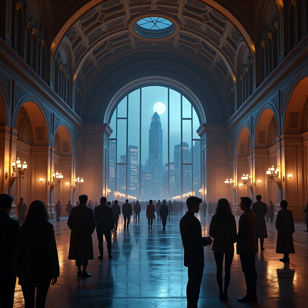 Take an ultra-realistic photo of the agora hall, with several people gathered together, retro futuristic style. ((best resolution:1.4)), ((high qualiy:1.2)), Artwork, 8k, extremely detaild, ((high détail:1.2)), Cinematic photo, A very beautiful city, midnight sky,