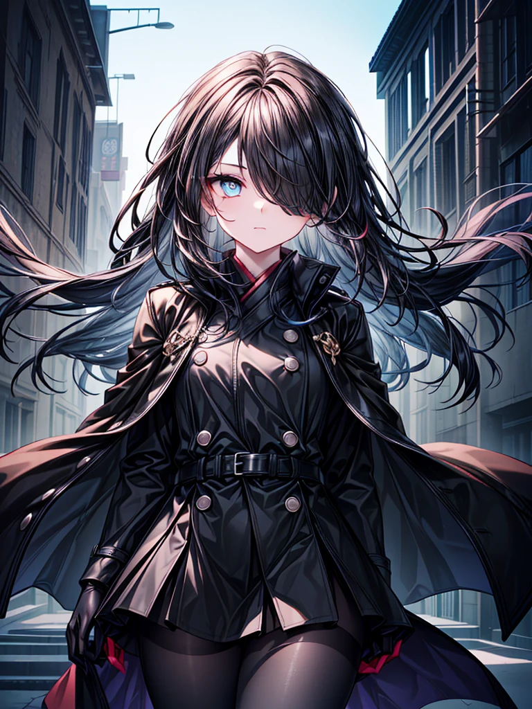 ((Oriental Project)),((masterpiece)),((Highest quality)),((Fascinating)),((alone)),((Deep blue pupils)),((Looking up at the night view from the top of the hill)),((Beautiful Blue Eyes)),((Wearing a black coat)),((Wearing a black mini skirt,She is wearing black tights under her skirt)),((Slim body)),((length, Shiny black hair)),((Her left eye is completely hidden by her bangs)),((Her hair is parted, and you can see her eyes through it)),((Wearing black gloves)),((hair over one eye,long hair)),((Ruthless)),((Complex background)),((Hair blowing in the wind))