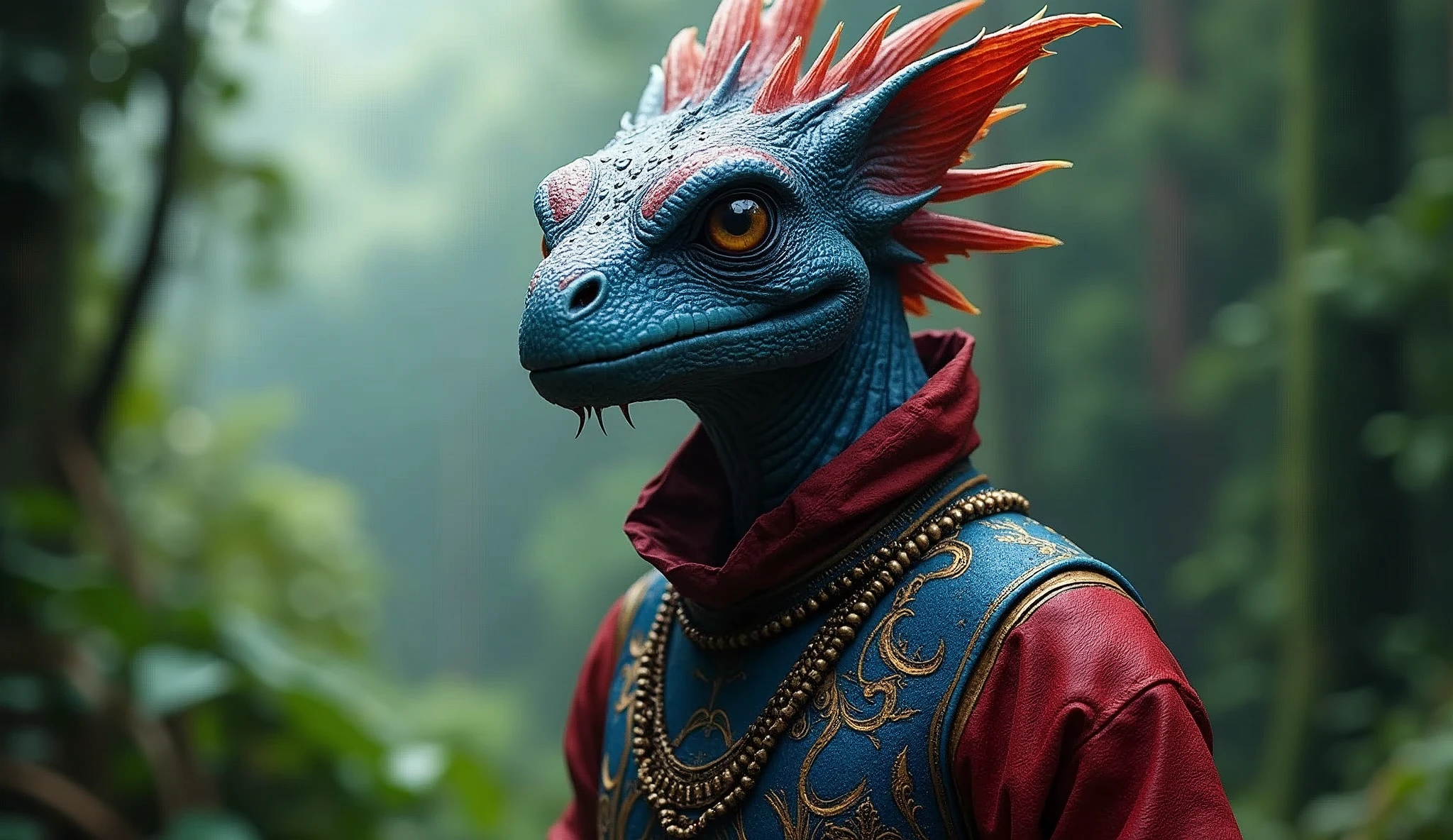Costa Rica as a jungle central american League of Legend creature in deep blue, red and white color. Intricated clothing. Cinematic Fantasy sci-fi landscape background
