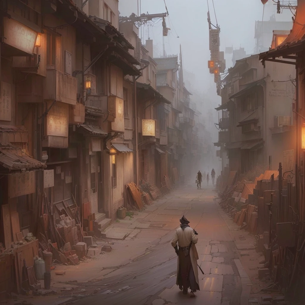 There is a man walking down the street in a town., 絵画的なConcept Art, Dusty Street, Inspired by Carl Spitzweg, デジタルペインティングConcept Art, 非常にリアルなConcept Art, Dusty environment, Saurab Jetani, The ancient street behind her, Foggy Alley, Foggy Alleys, award winning concept artist, Concept Art, by Han Gan, Concept Art絵画