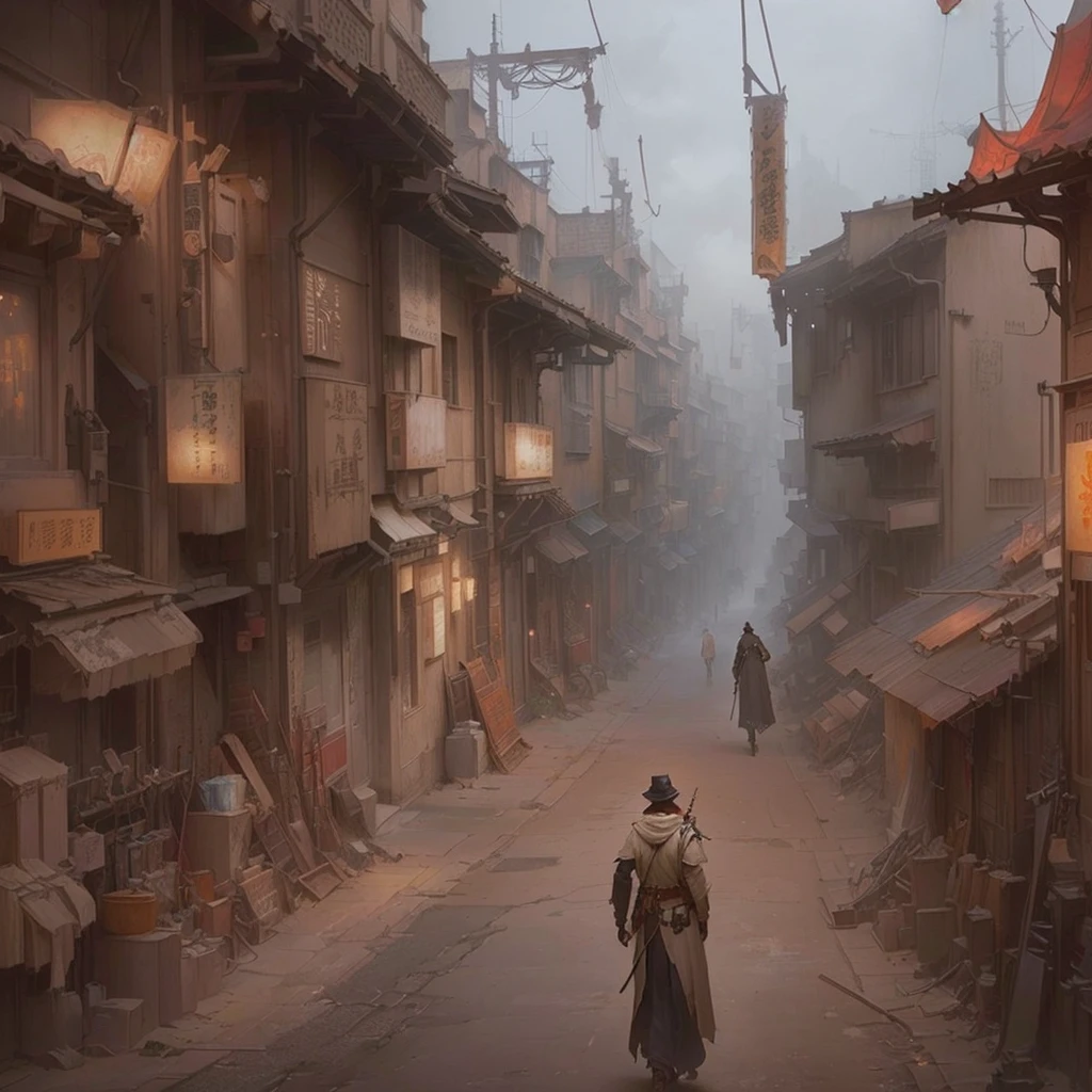 There is a man walking down the street in a town., 絵画的なConcept Art, Dusty Street, Inspired by Carl Spitzweg, デジタルペインティングConcept Art, 非常にリアルなConcept Art, Dusty environment, Saurab Jetani, The ancient street behind her, Foggy Alley, Foggy Alleys, award winning concept artist, Concept Art, by Han Gan, Concept Art絵画