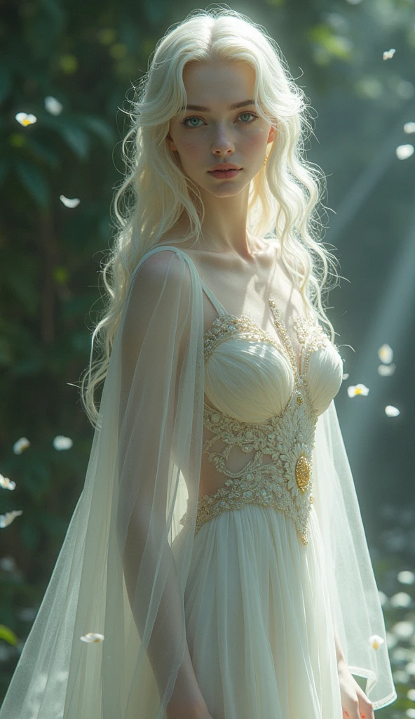 Exudes a Touch of tranquility and mystery。. Wearing an elf gown woven from elegant fabric that shines like moonlight, Sparkling with every breeze that caressed her. calm look, With piercing deep eyes, She attracts the attention of everyone who sees her., Petals extend towards her as if to show respect.... At night, A beautiful woman standing in a fantastic space, tight micro dress white and gold color, 98k, {{[[View from the front}}, eye_Touch]], very pretty face, and very pretty eyes, cute images, Lovely images, {{whole body}}, {{{{{{{{long legs}}}}}}}}, {{{{Slim sexy body}}}}, {{{{{{Tall and expensive woman}}}}}}, {{height: 177 cm}}, alone, beautiful, Lovely, adorable, white skin, look beautiful German girl and blue eyes or green eyes with platinum blonde hair color), nordic german girl, {{{{{{{{{{expensive_heels}}}}}}}}}}