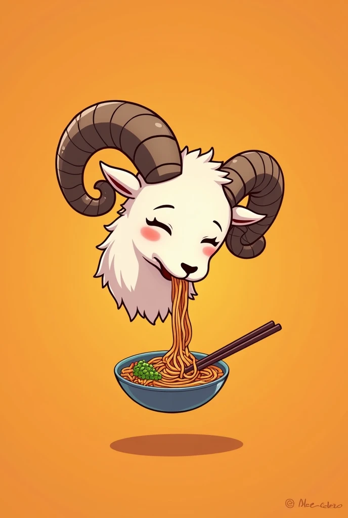 2D cartoon floating head of a disembodied ram, slightly sideways, With horns, with eyes closed, eating ramen with chopsticks, on an orange background