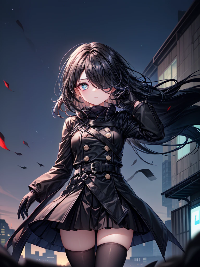 ((Oriental Project)),((masterpiece)),((Highest quality)),((Fascinating)),((alone)),((Deep blue pupils)),((Looking up at the night view from the top of the hill)),((Beautiful Blue Eyes)),((Wearing a black coat)),((Wearing a black mini skirt,She is wearing black tights under her skirt)),((Slim body)),((length, Shiny black hair)),((Her left eye is completely hidden by her bangs)),((Her hair is parted, and you can see her eyes through it)),((Wearing black gloves)),((hair over one eye,long hair)),((Ruthless)),((Complex background)),((Hair blowing in the wind))